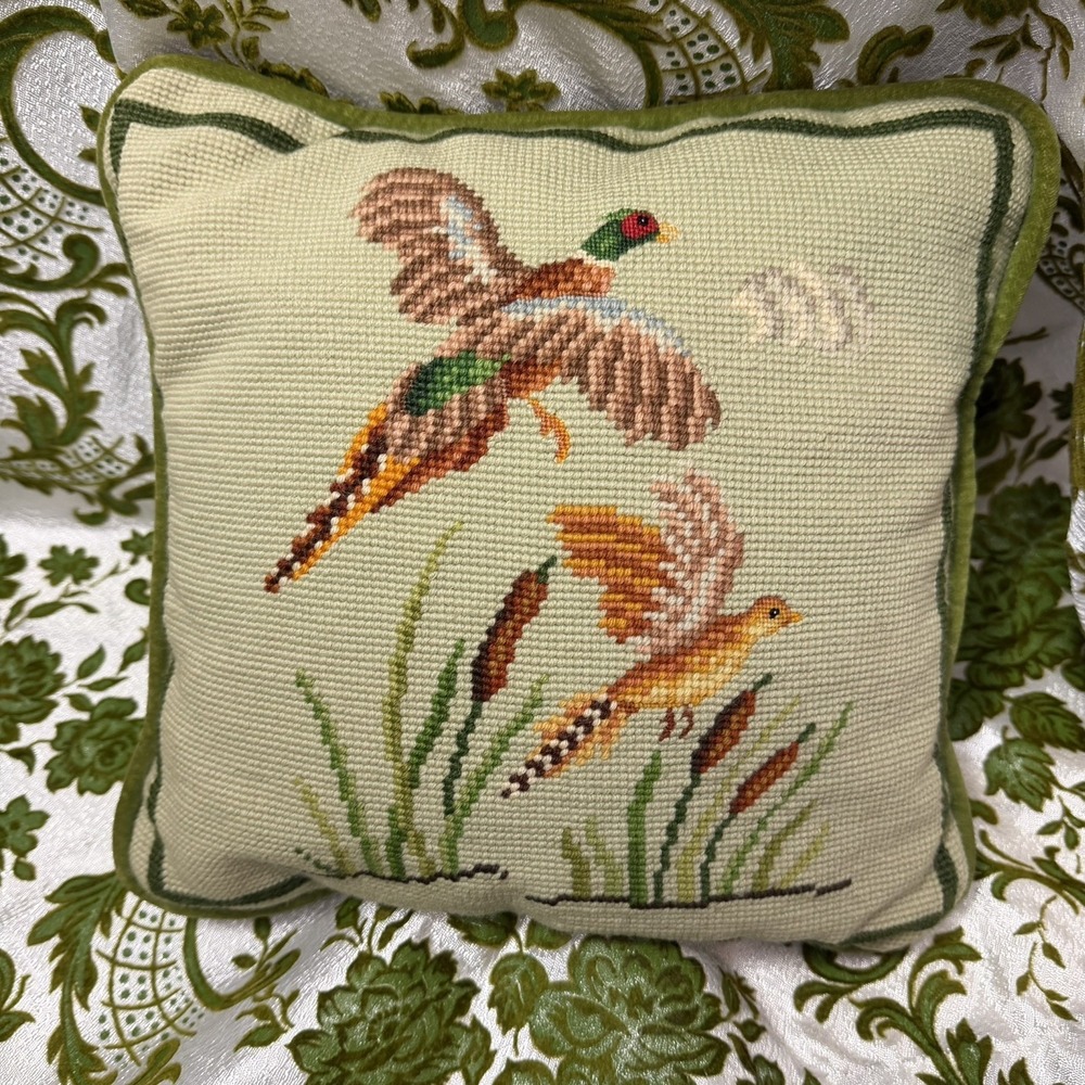 Vintage Pheasant Needlepoint Handcrafted Pillow 13 X 13 1970's Velvet Feather
